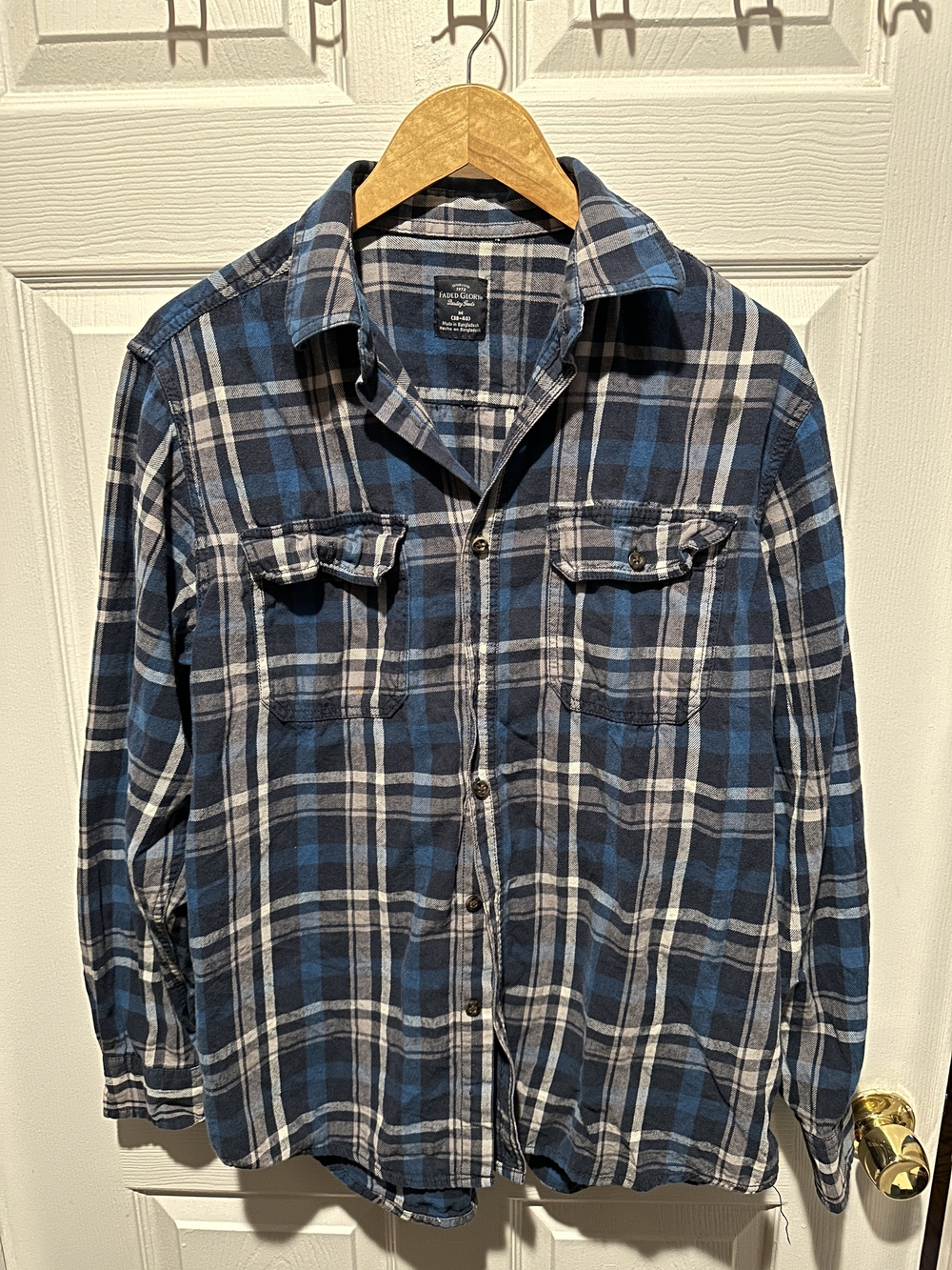 Faded Glory Blue and White Plaid Button-Down Flannel Shirt